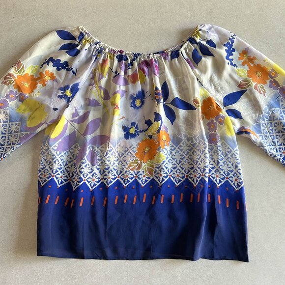 Floral Half Sleeve Silk Peasant Blouse ASO Alex Russo - Picture 5 of 9